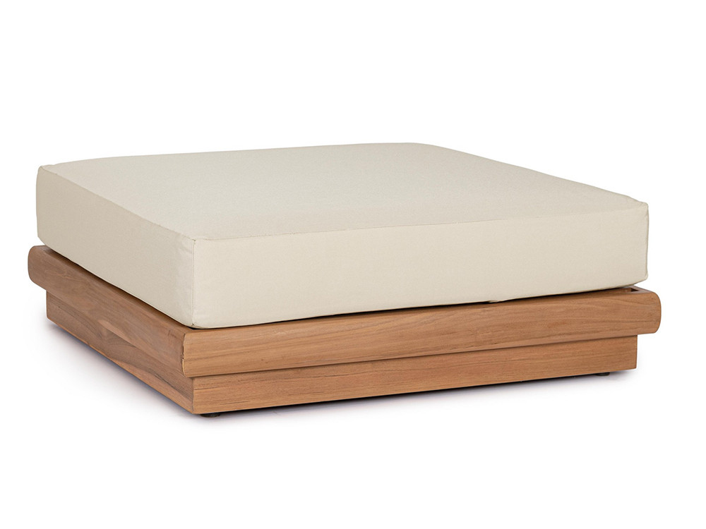 Mobiliario de jardín: sofá modular Delgada con puf y centrales en teca maciza y tejido técnico olefin