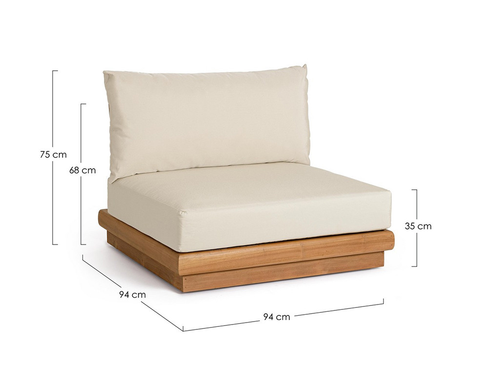 Set de salón exterior Delgada: sofá modular con esquina, centrales y puf en teca noble para terraza