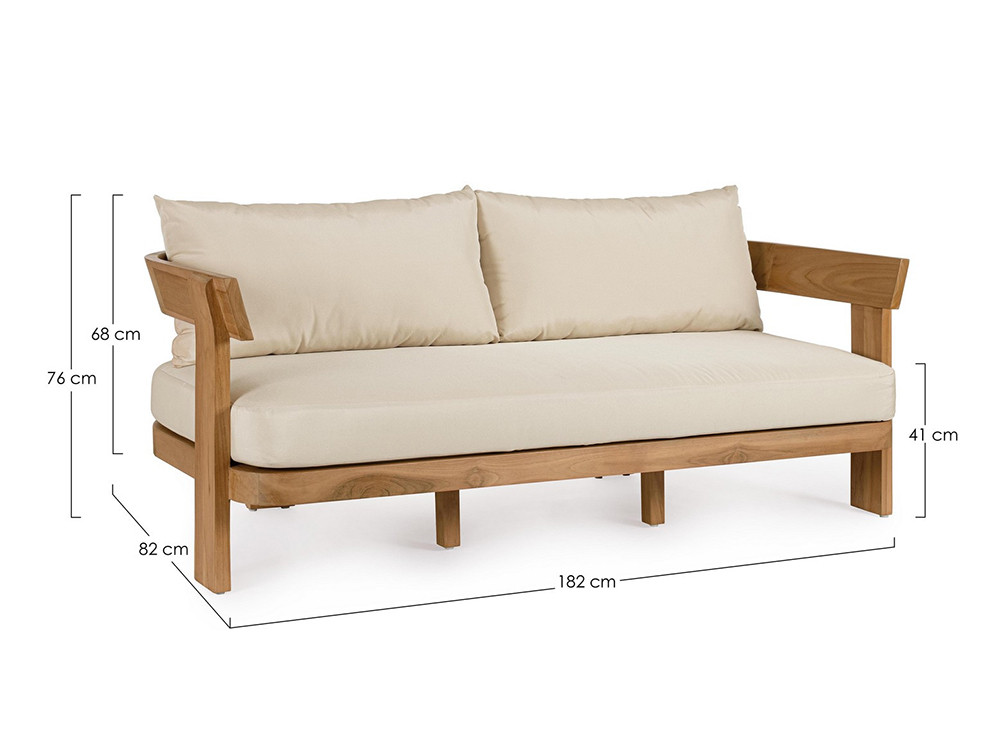 Sofá de madera para exterior Evora con estructura de teca SVLK y cojines en tejido técnico olefin de alta gama.