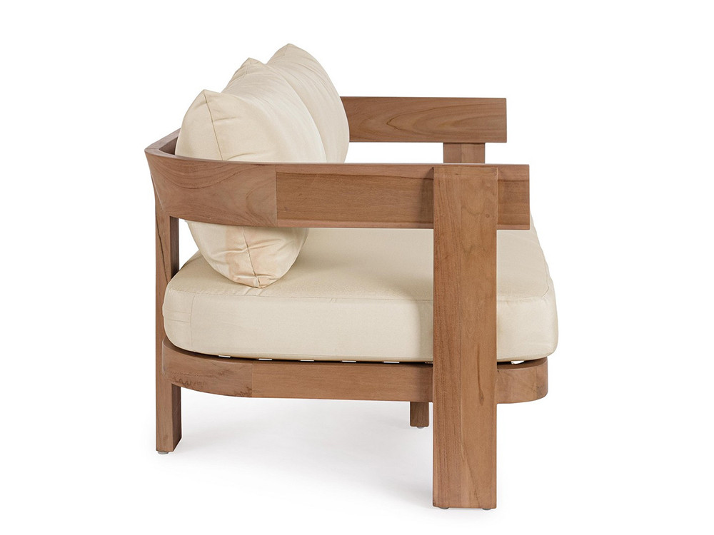 Mobiliario para jardín: sofá Evora de madera de teca con sello SVLK y cojines resistentes en tejido olefin.