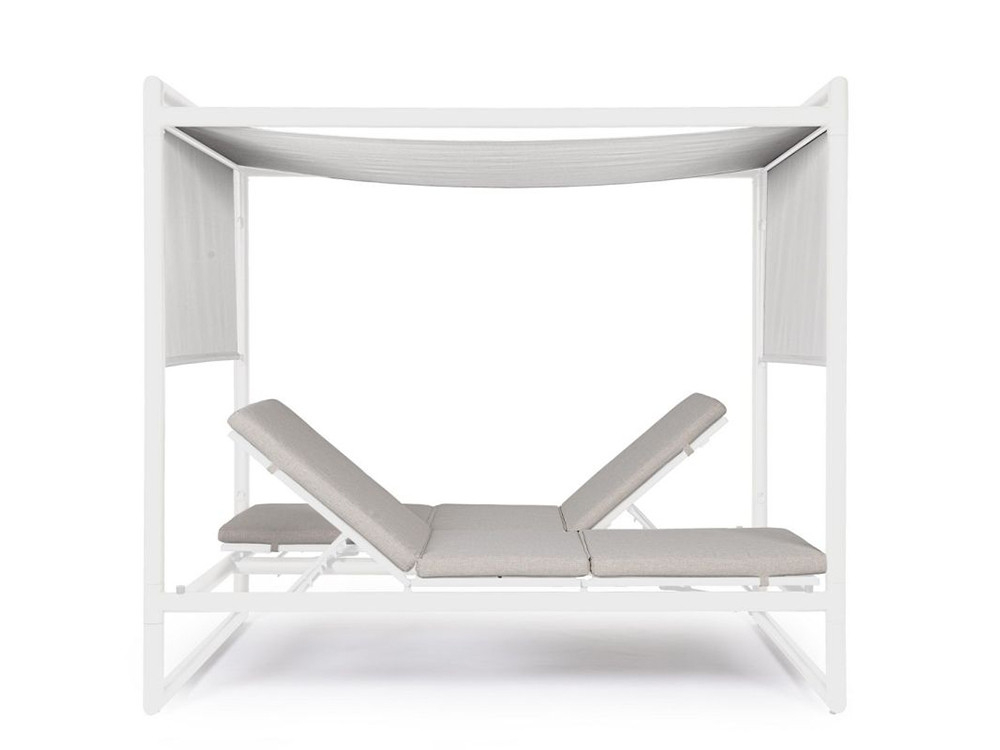 Cama balinesa de aluminio Konnor con techo deslizante y cojines olefina para terraza y jardín