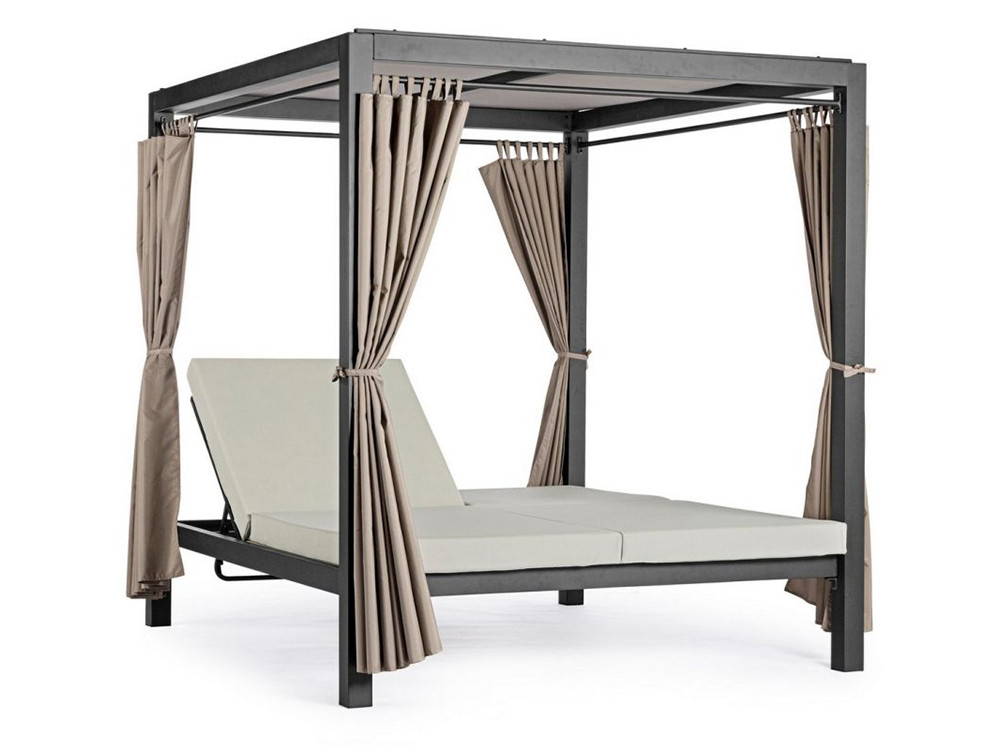 Cama balinesa de aluminio Dream con cortinas y respaldos reclinables, calidad Mobel 6000.