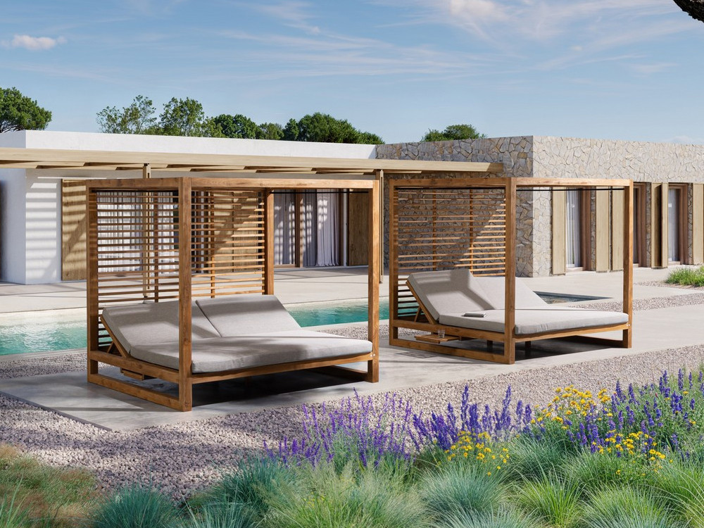 Cama balinesa Honolulu Bizzotto fabricada en madera de teca FSC con colchonetas olefin resistentes