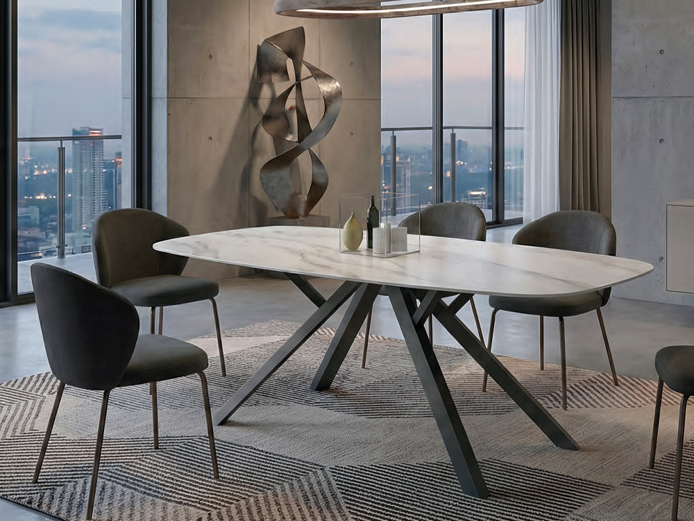 Mesa de comedor fija Mizar de Easyline: elegante sobre porcelánico y base de aluminio en Mobel 6000.