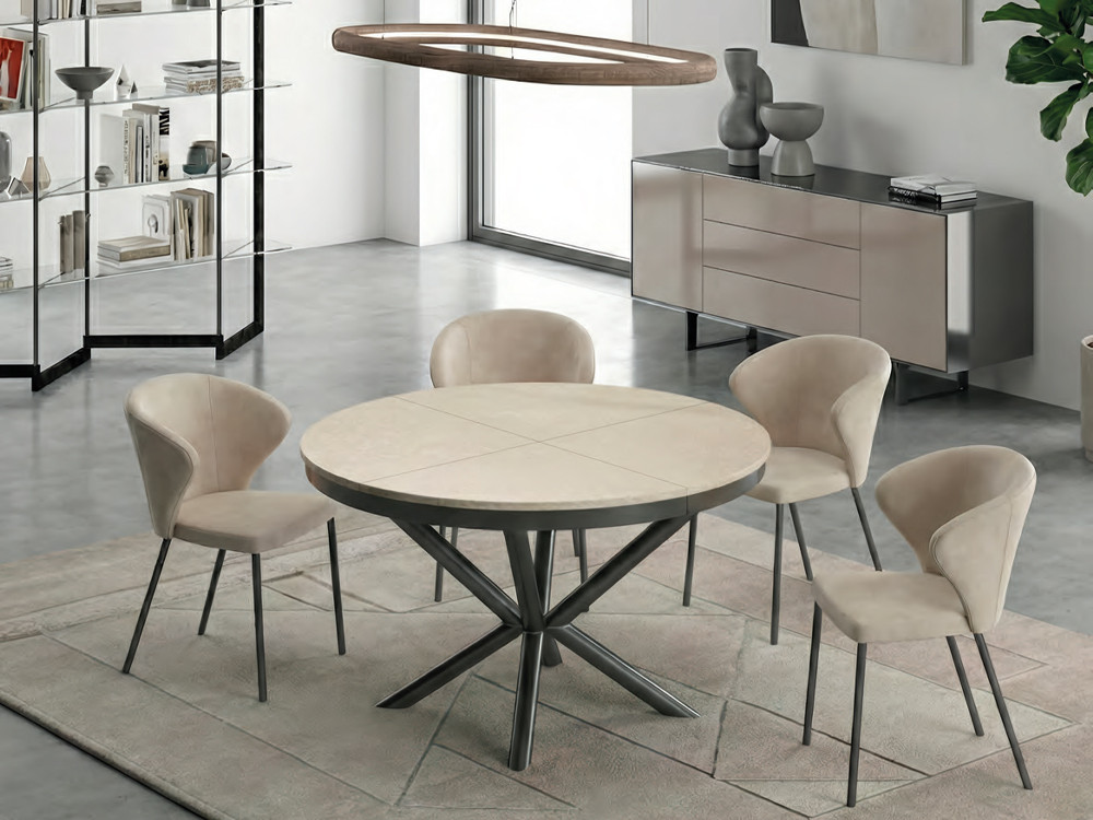 Mesa redonda extensible Full Moon de Easyline by Ozzio Italia: sobre de eco madera y base cruzada en Mobel 6000