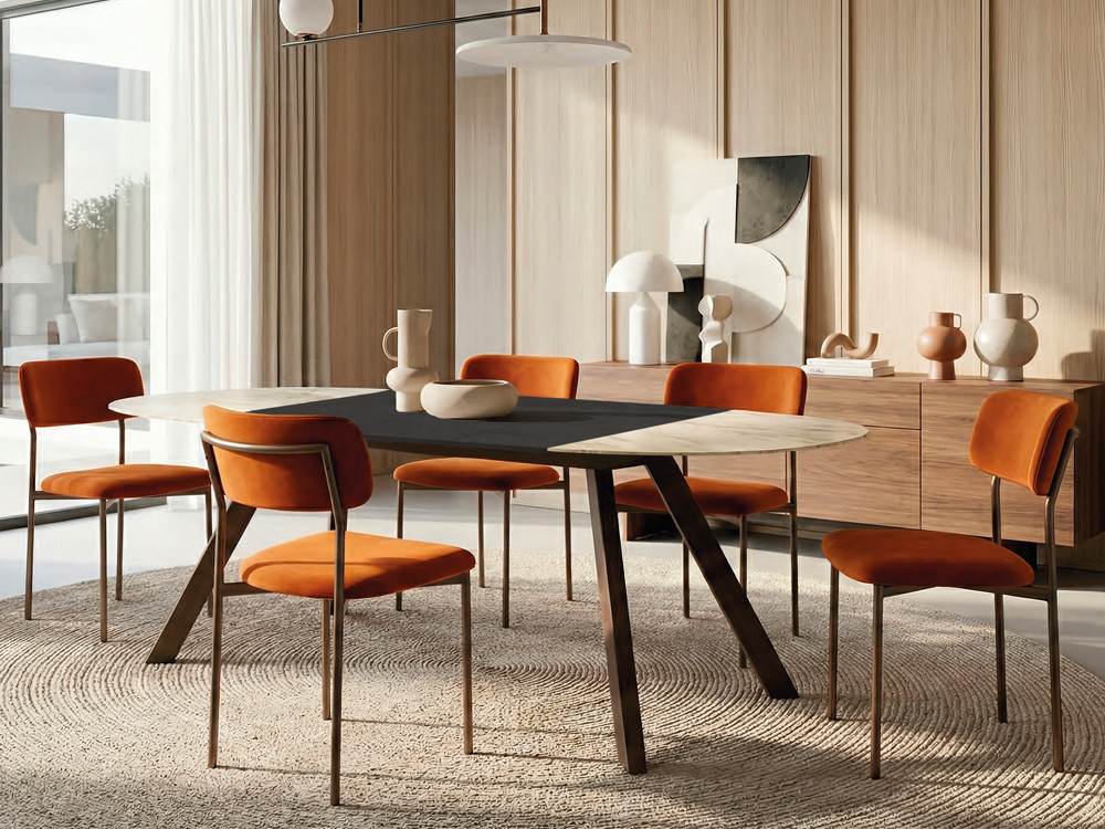 Mobel 6000: mesa porcelánico extensible redonda Coral de Easyline con un práctico sistema de 3 extensiones