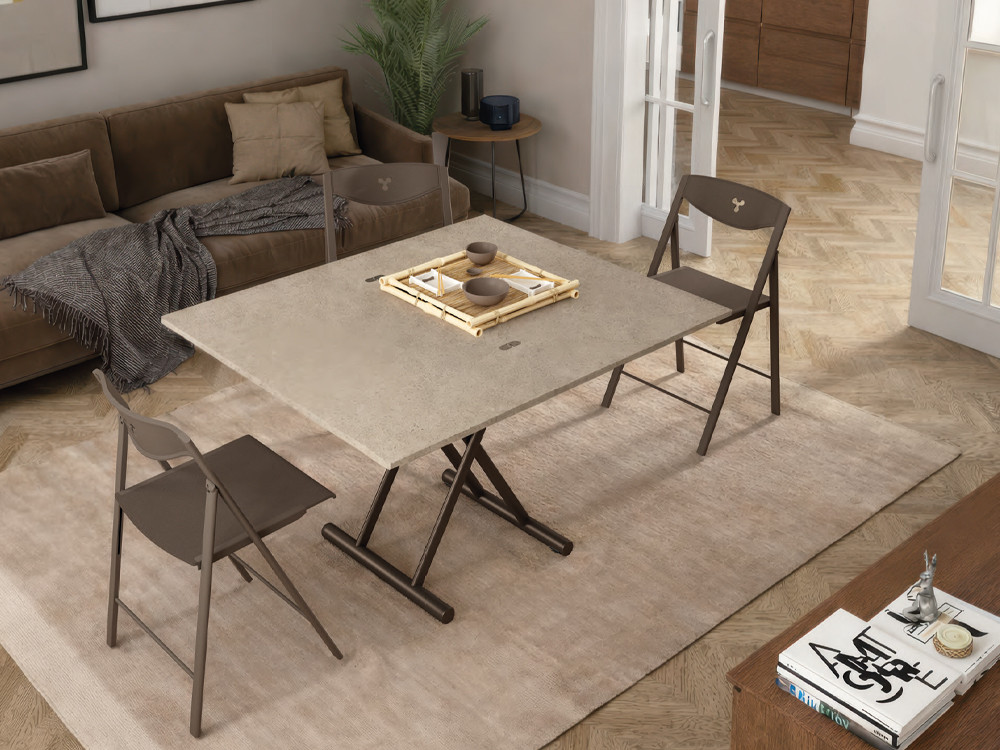 Mobel 6000: mesa de centro elevable Fast de Easyline, convertible a comedor con sobre en ecomadera.