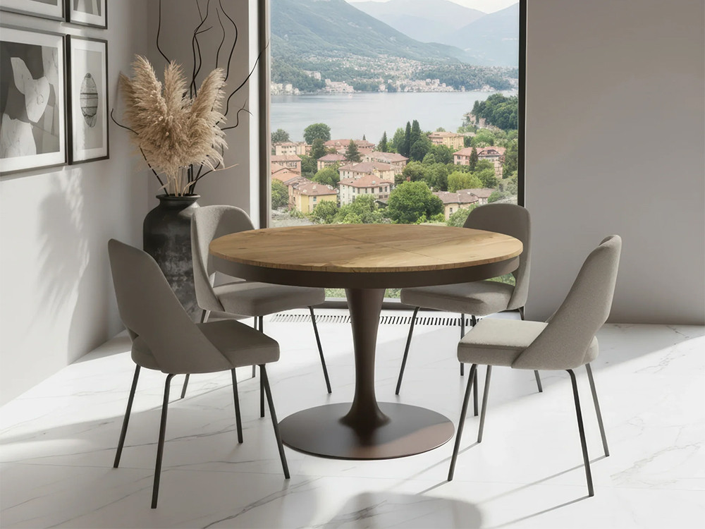 Mesa redonda extensible Croissant de Easyline: sobre en eco-madera y base de metal en Mobel 6000