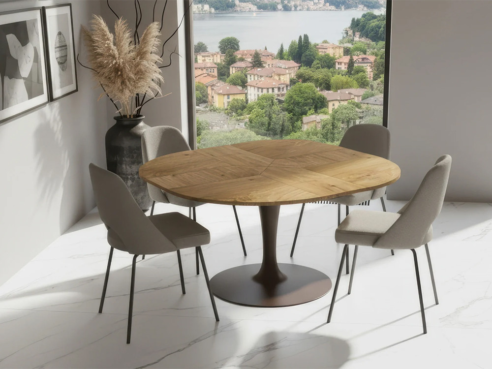 Mesa redonda extensible moderna Croissant de Easyline: apertura patentada a lo ancho y largo en Mobel 6000