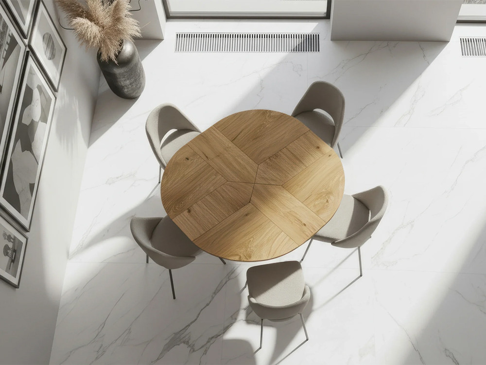 Mobel 6000: mesa comedor redonda extensible Croissant de Easyline, sistema patentado que crece a lo ancho y largo