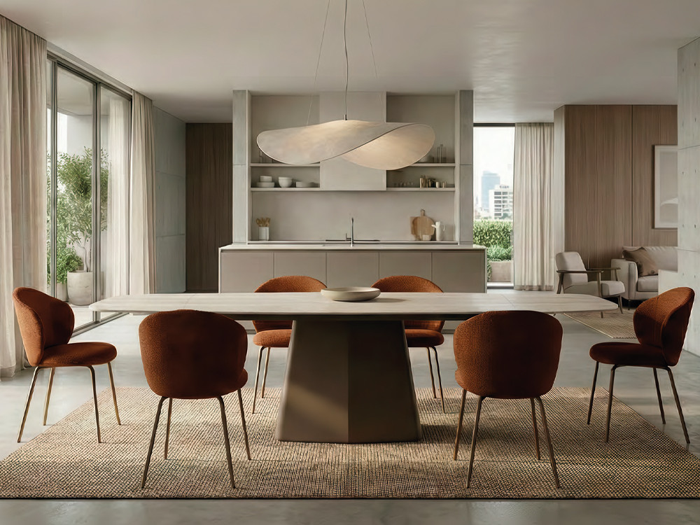 Mesa comedor extensible Zenit de Easyline con sobre porcelánico y base facetada en Mobel 6000