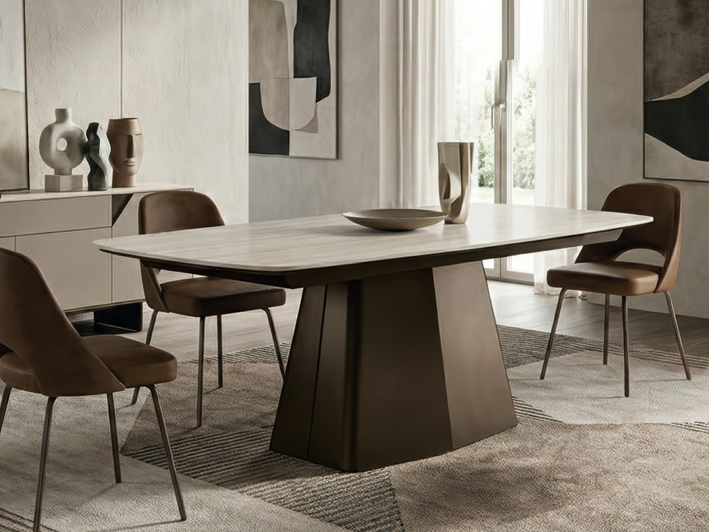 Mobel 6000: mesa porcelánico extensible Zenit de Easyline, funcional diseño italiano con base escultórica