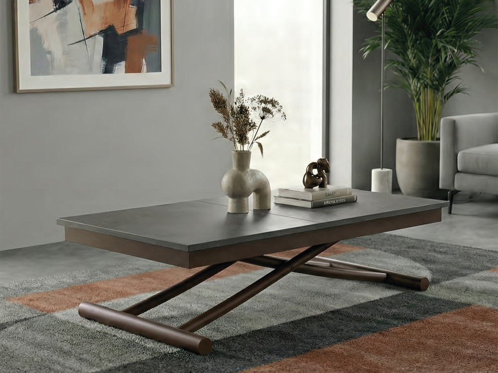 Mobel 6000: mesa centro convertible comedor Sesamo de Easyline con sobre en eco madera y base metálica.