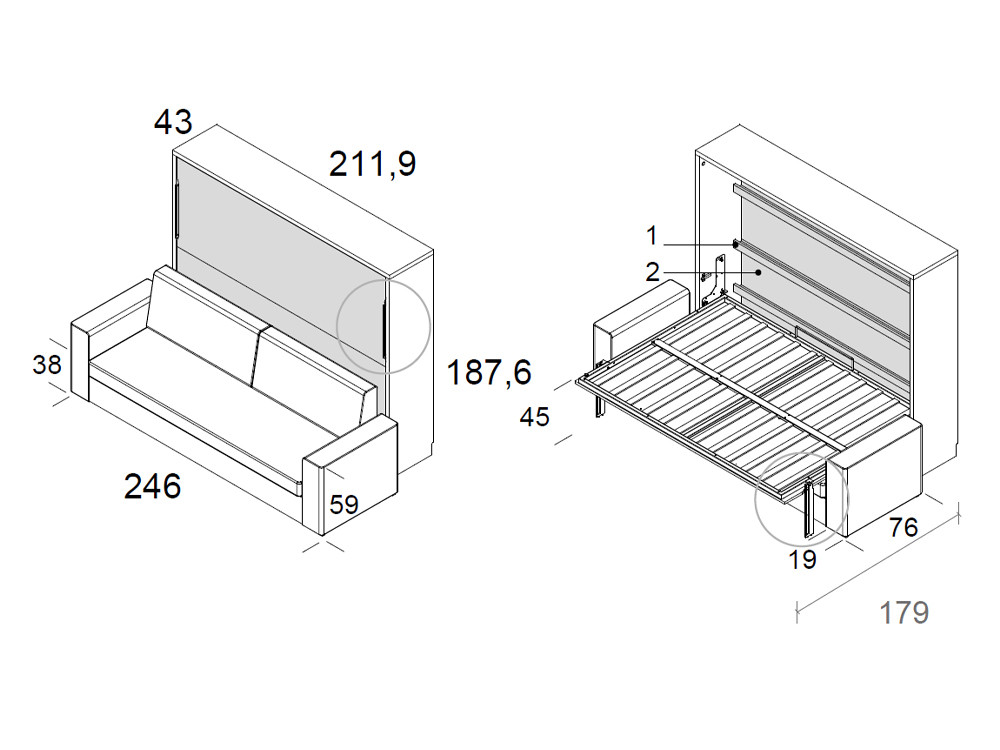 Mobel 6000: cama abatible horizontal con sofá de Ros, medida 150x190 con máximo confort y ahorro de espacio.