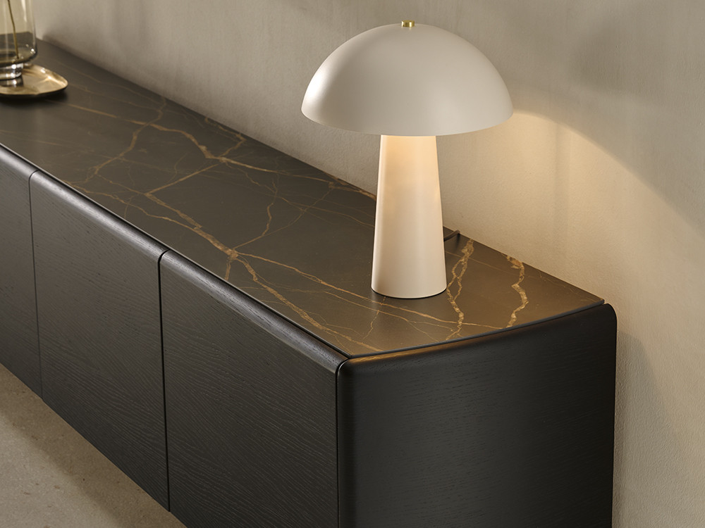 Mueble televisor madera natural Ecos de Didomobili: diseño de precisión y porcelánico en Mobel 6000