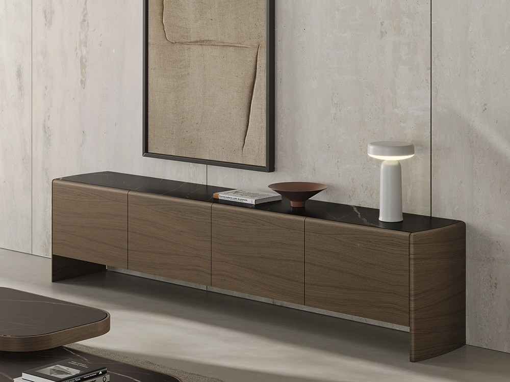 Mueble tv madera natural Ecos de Didomobili: chapa de roble y porcelánico premium en Mobel 6000