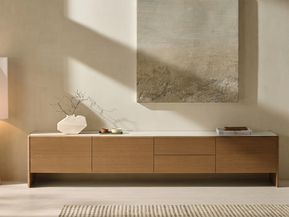 Muebles televisor moderno Ecos Didomobili: roble tintado con 3 puertas, 2 cajones y porcelánico en Mobel 6000