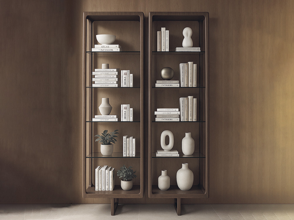 Librería salón moderna Ecos de Dido mobili: chapa natural de roble y estantes de cristal en Mobel 6000