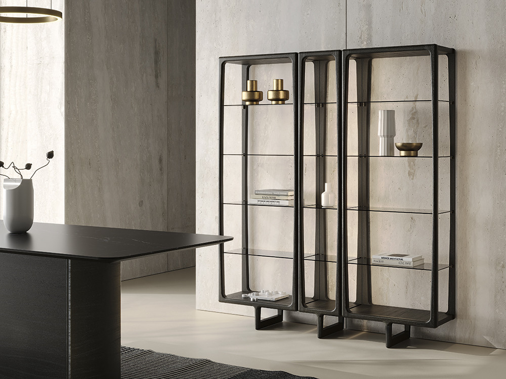 Mueble librería salón Ecos Big de Didomobili: chapa natural de roble teñido y cristal en Mobel 6000