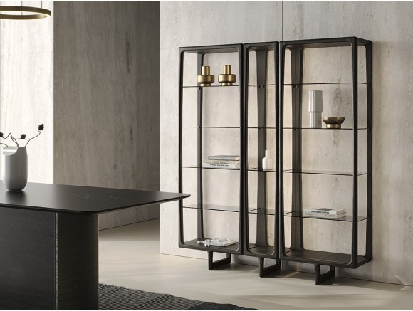 Mueble librería salón Ecos Big de Didomobili: chapa natural de roble teñido y cristal en Mobel 6000