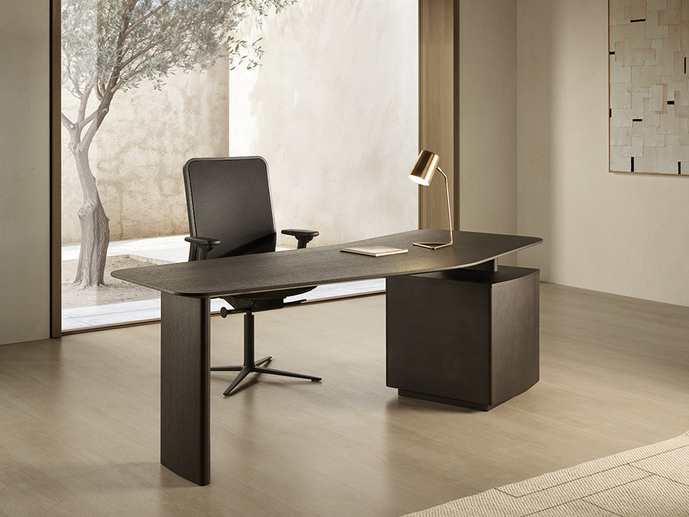 Escritorios de diseño Ecos de Dido mobili: forma ergonómica con cajonera de roble disponible en Mobel 6000