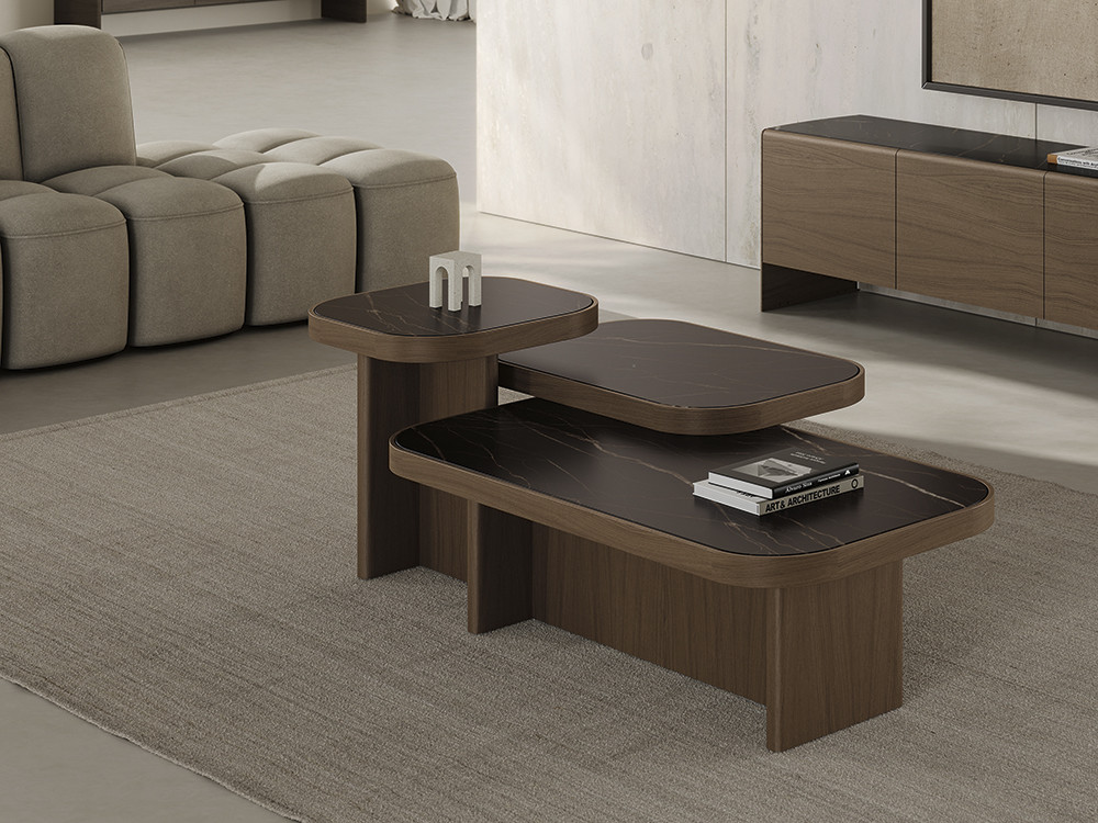 Mesa centro porcelánico Tina de Dido mobili: estructura en roble teñido y 3 medidas en Mobel 6000