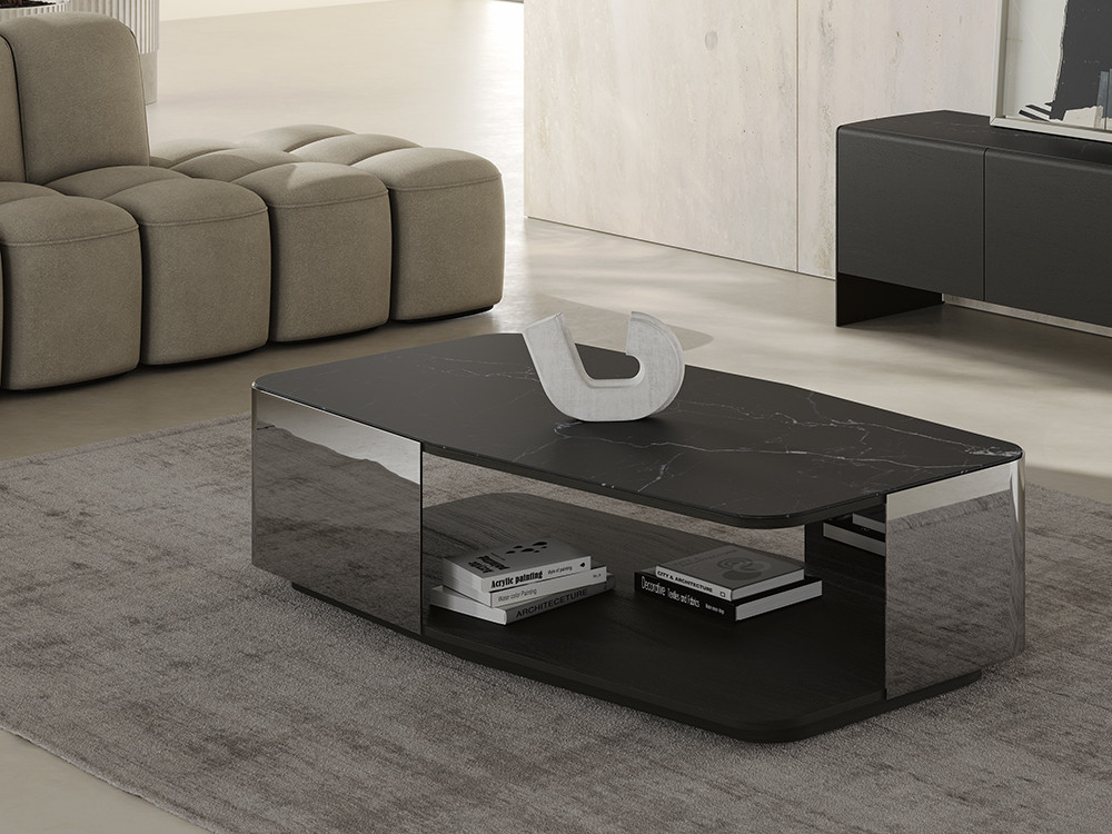 Mesa de centro moderna Ecos de Dido mobili: sobre porcelánico, roble teñido y metal espejo en Mobel 6000