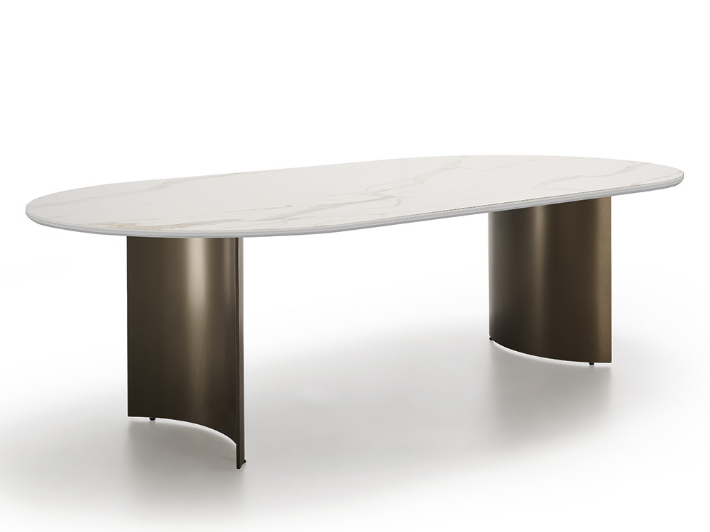 Mesas de comedor modernas como el modelo Ondas de Didomobili: elegancia en porcelánico y metal en Mobel 6000