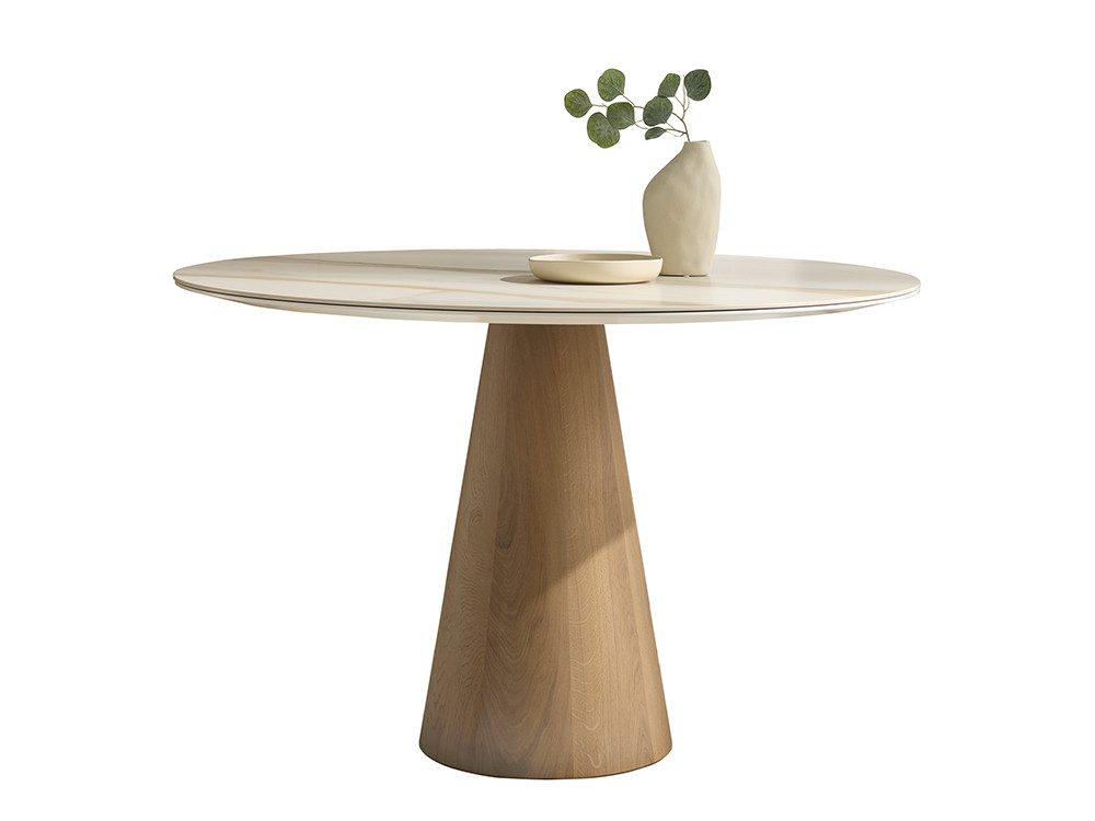 Mobel 6000: mesa redonda diseño Cono de Dido mobili, base cónica de roble y disponible en 3 medidas