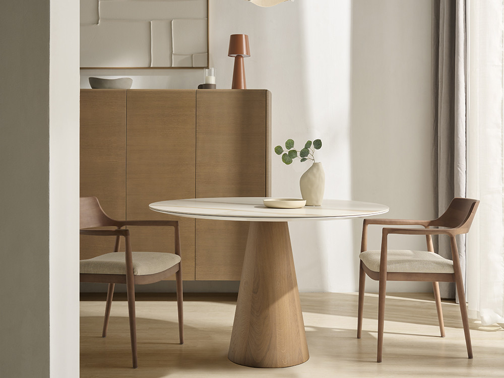 Mesas de comedor redondas modernas Cono de Dido mobili: sobre porcelánico y roble en Mobel 6000