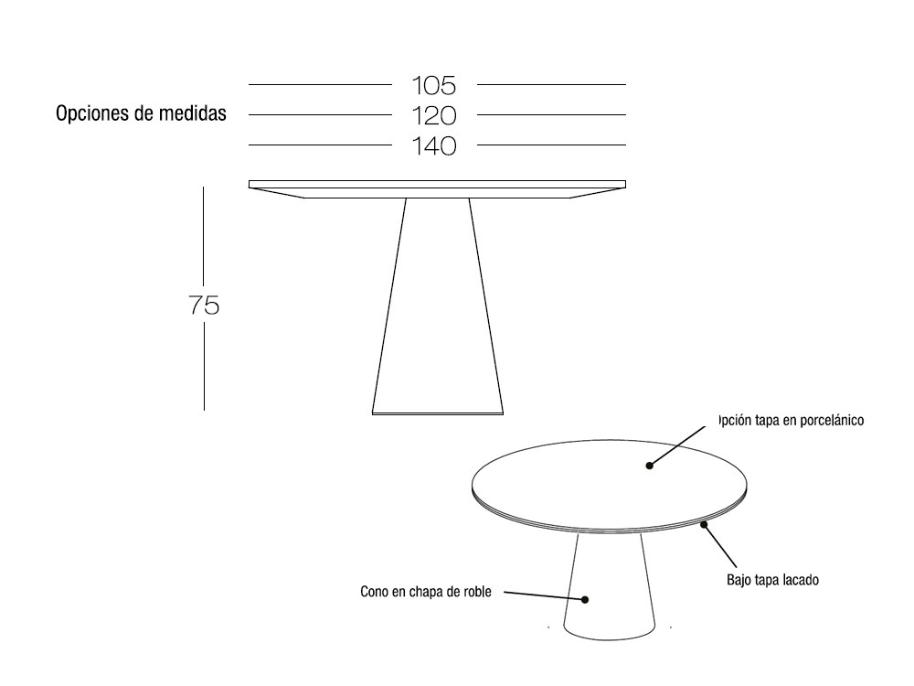 Mesa porcelánico comedor Cono de Dido mobili: acabado en chapa natural de roble en Mobel 6000