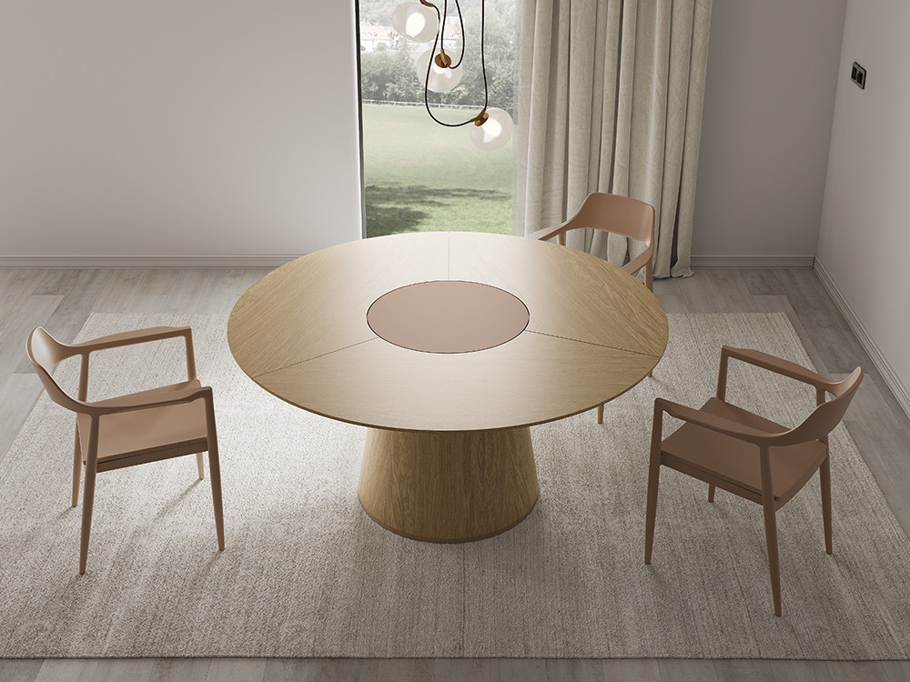 Mobel 6000: mesa redonda diseño Alma de Dido mobili, chapa de roble natural con práctico centro giratorio