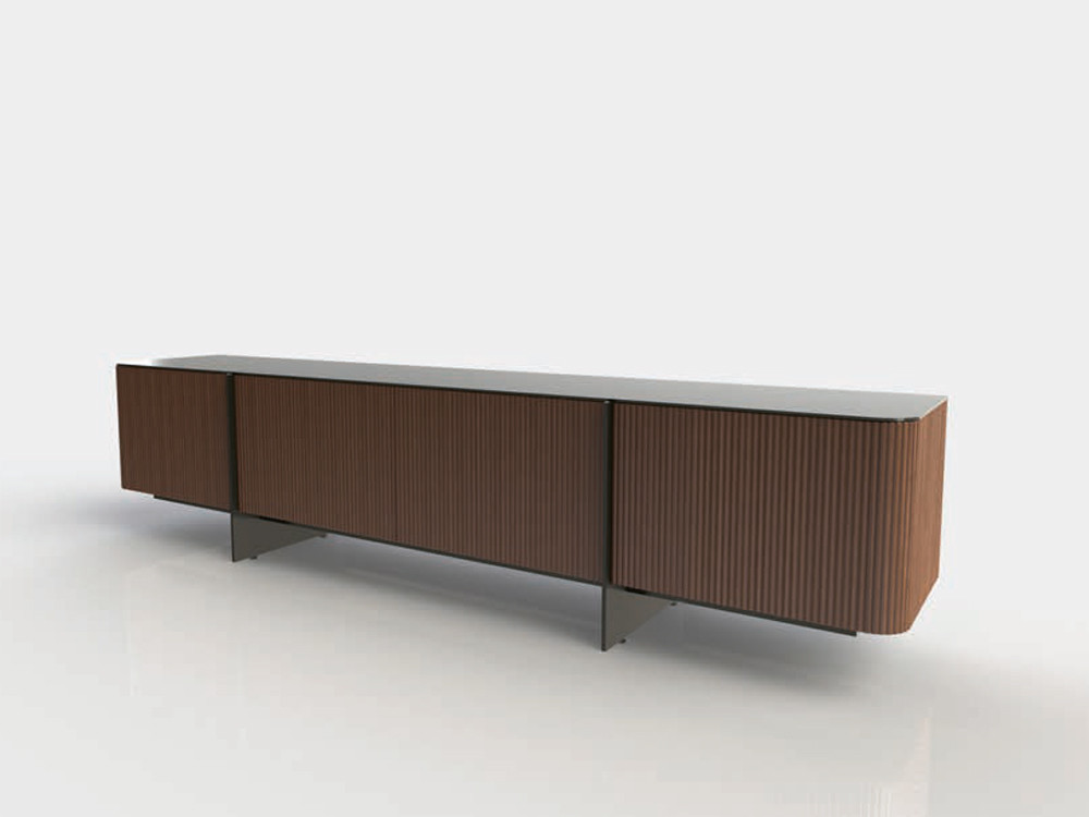 Muebles de televisión Dana: diseño alistonado en madera de nogal o roble con patas de metal en Mobel 6000