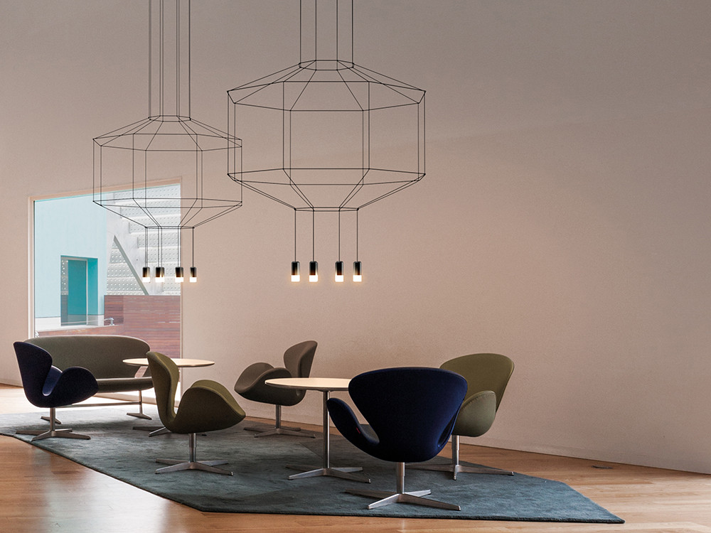 Lámpara salón techo Wireflow de Vibia: diseño de Arik Levy con ocho luces LED en Mobel 6000