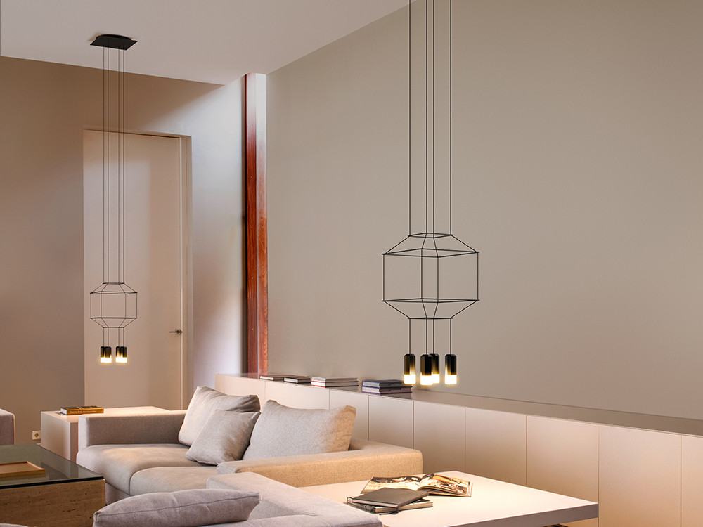 Lámpara salón techo Wireflow de Vibia: diseño minimalista de Arik Levy con cuatro luces led en Mobel 6000