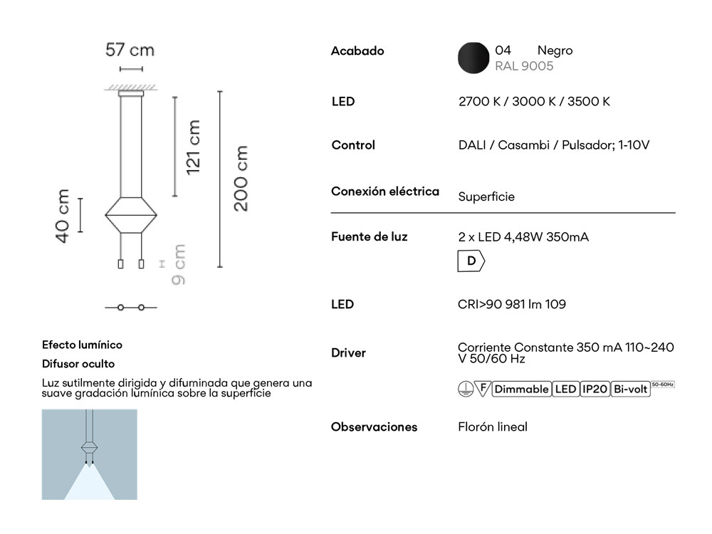 Mobel 6000: lámparas modernas para salón Vibia Wireflow lineal 0320, diseño de España con dos focos LED