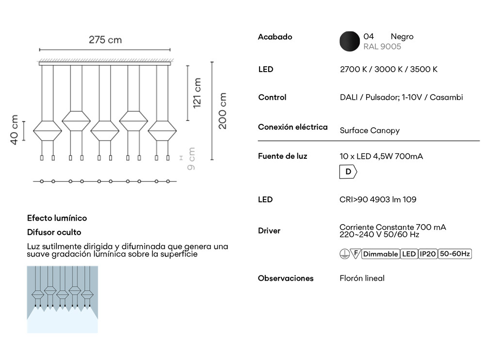 Lámpara techo larga Wireflow 0330 de Vibia: consumo eficiente con 10 luces LED de venta en Mobel 6000