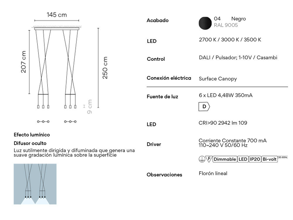 Mobel 6000: lámparas modernas para salón Vibia Wireflow lineal 0338, diseño de Barcelona con 6 focos LED