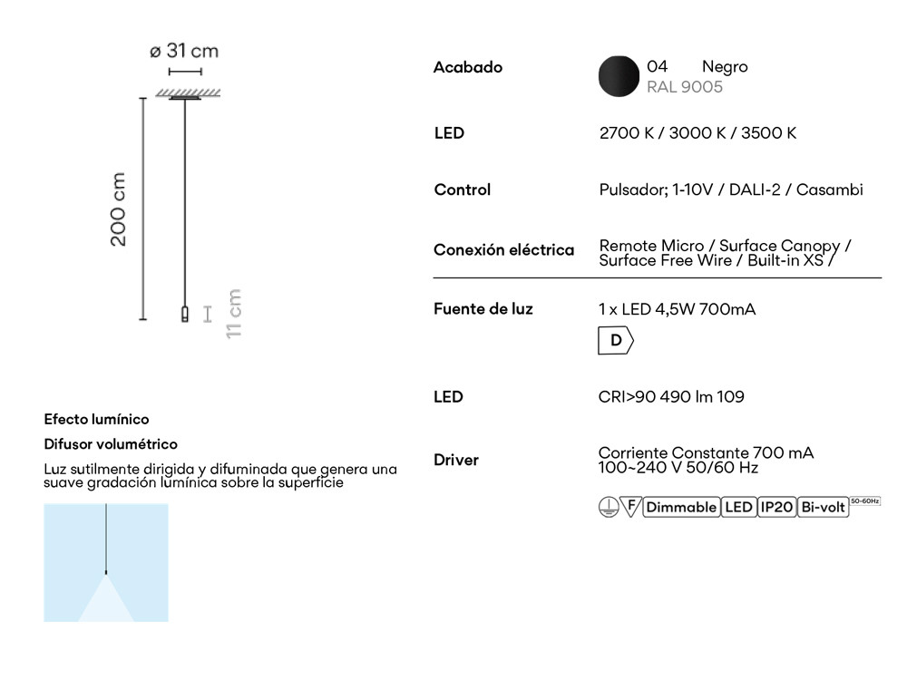 Lámpara salón Wireflow Free de Vibia: minimalismo de un foco con vidrio prensado en Mobel 6000