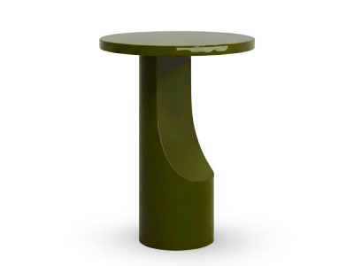Mesa auxiliar salón Alia de Unika: diseño redondo en microcemento con acabado alto brillo en Mobel 6000