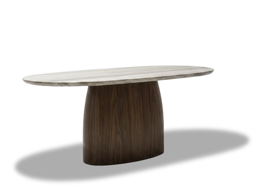 Mobel 6000: mesa comedor Kaia de Unika, base redondeada en chapa de roble o nogal en dos medidas