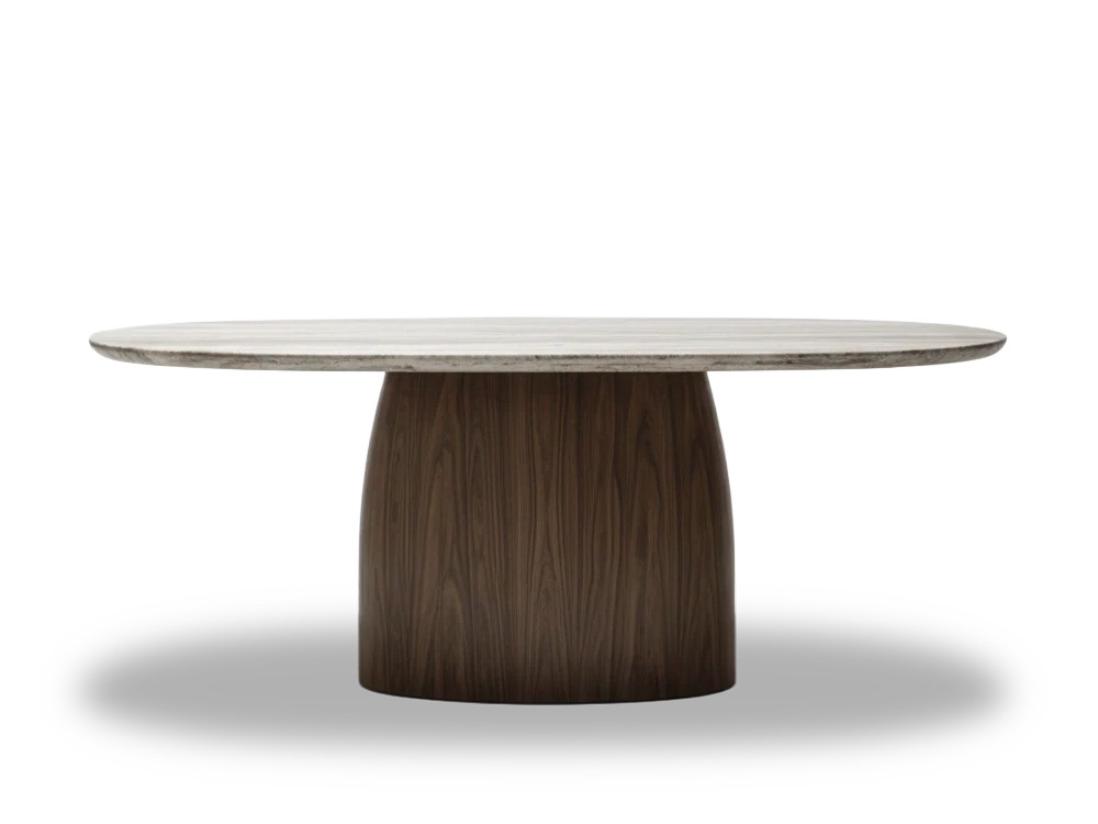 Mesa comedor mármol Kaia de Unika muebles: elegancia en travertino gris y base de madera en Mobel 6000