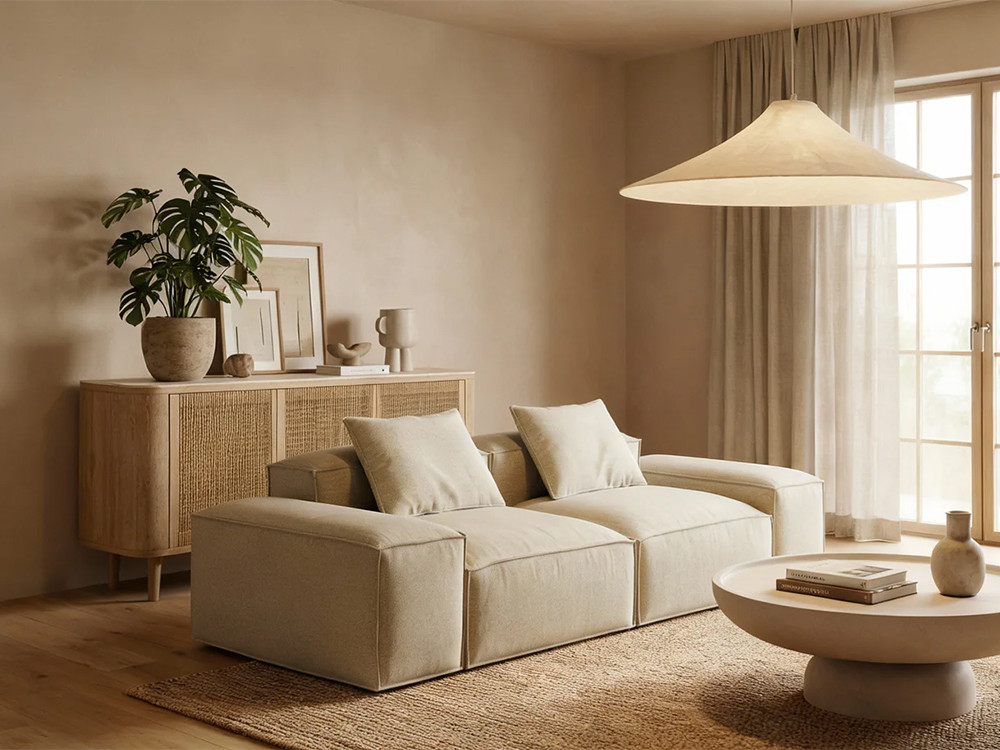 Aparador bajo Ivy de Unika Living: diseño con frente trenzado y sobre de mármol travertino en Mobel 6000