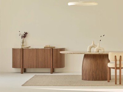 Aparador bajo salón Lily de Unika: diseño en chapa natural de nogal y sobre efecto mármol travertino en Mobel 6000