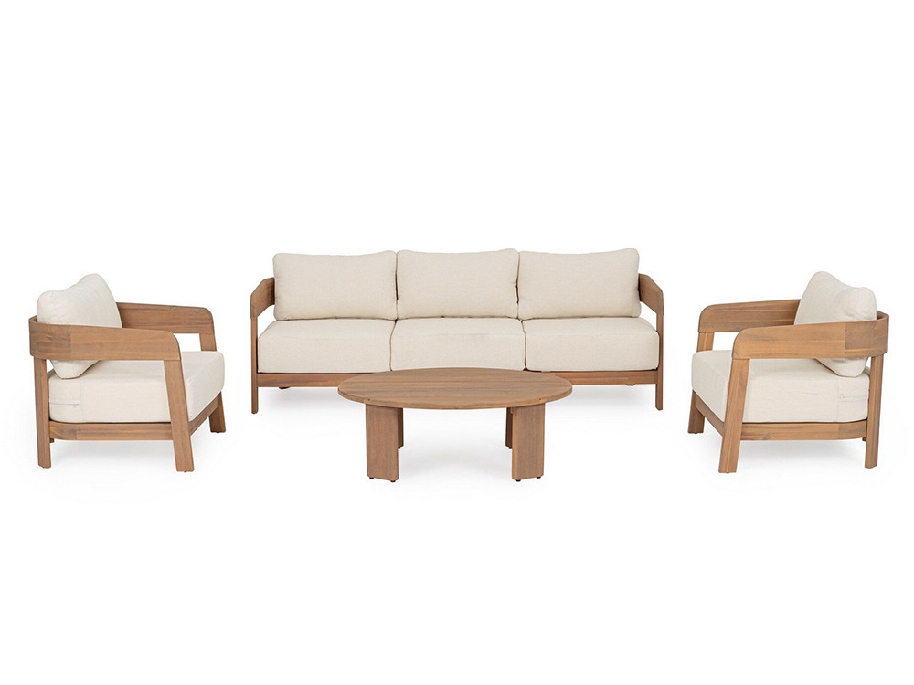 Mesa de centro diseño Pablo de Bizzotto: materialidad sostenible de acacia para salones de diseño en Mobel 6000