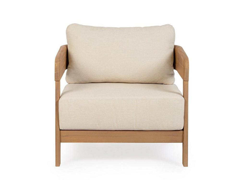 Sillón exterior Pablo de Bizzotto: diseño sostenible en madera de acacia FSC con tejido Olefin en Mobel 6000