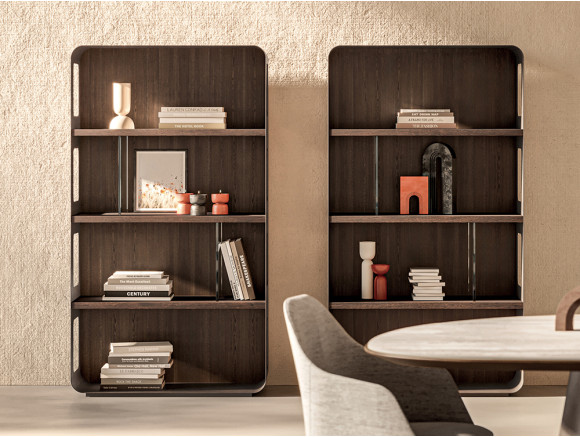 Librerías para salones Academy de Devina Nais: sofisticado diálogo entre estantes de roble y estructura de hierro en Mobel 6000