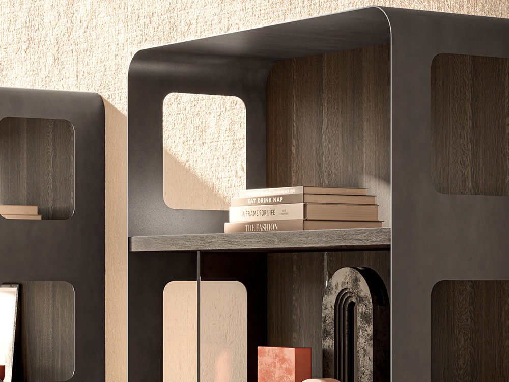 Librería salón Academy de Devina Nais: exclusiva trasera de madera o tejido con estantes de roble en Mobel 6000