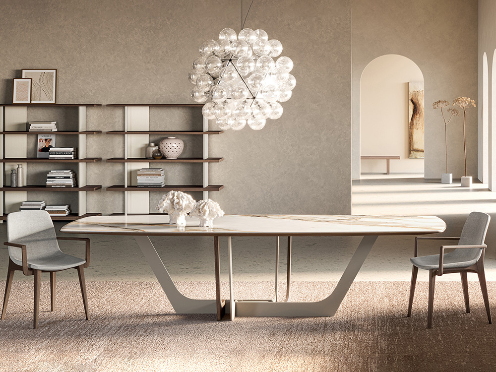 Mesa de comedor Manhattan Barrell Ceramics Wave de Devina Nais: sobre porcelánico y madera de Tilo en Mobel 6000