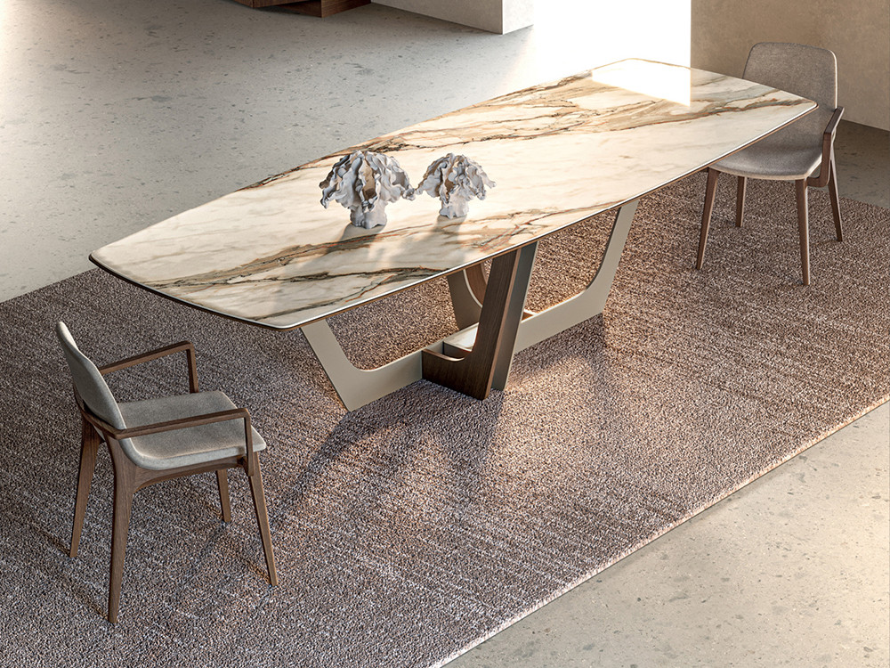 Mobel 6000: mesa comedor porcelánico Manhattan Barrell, diseño con cantos biselados de madera vista y base Wave